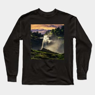 Waterfall In middle of trees during sunset Long Sleeve T-Shirt